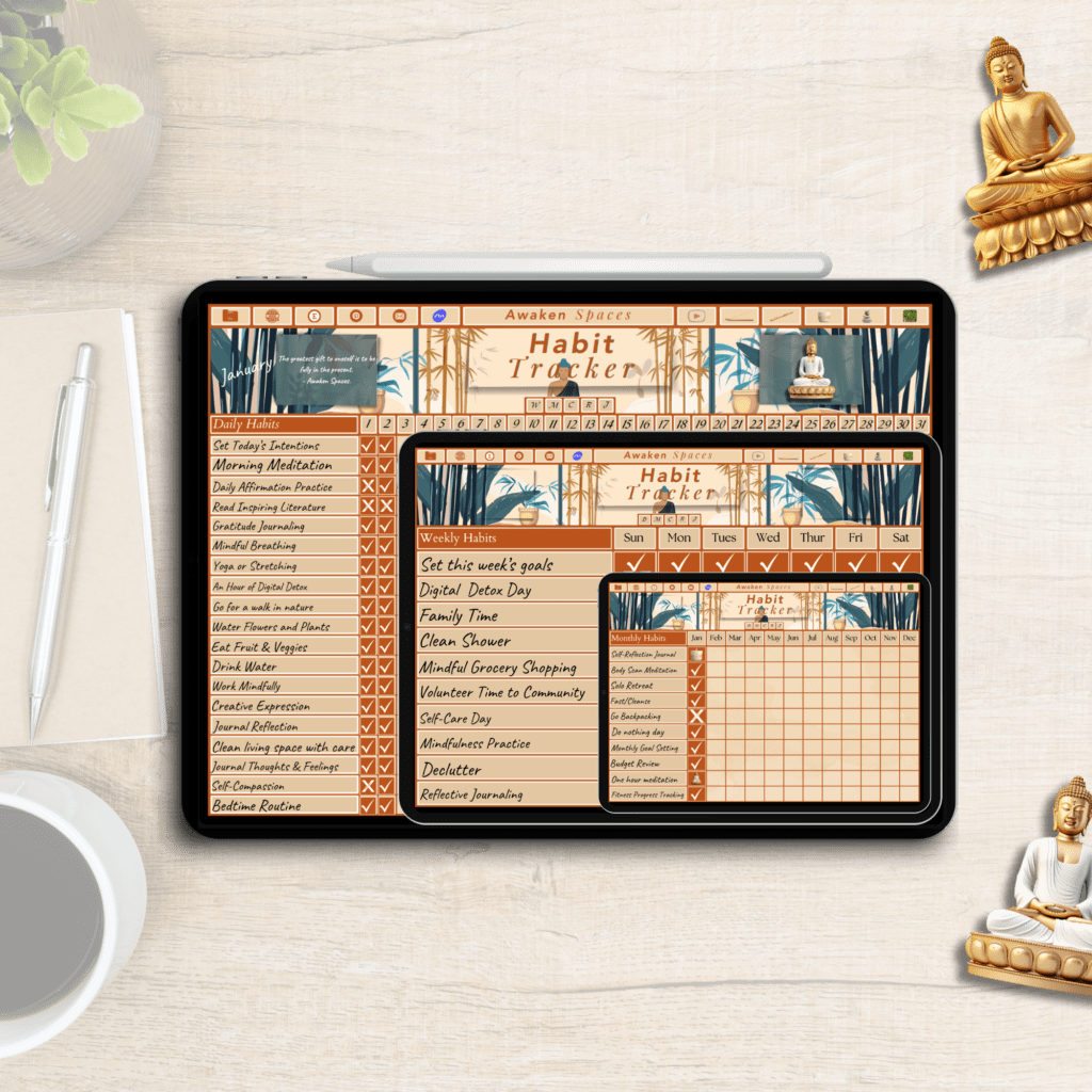 Autumn Orange Digital Wellness Habit Tracker Bundle with Buddha Sits banner displayed on daily, weekly, and monthly trackers on an iPad, perfect for mindfulness and organization.