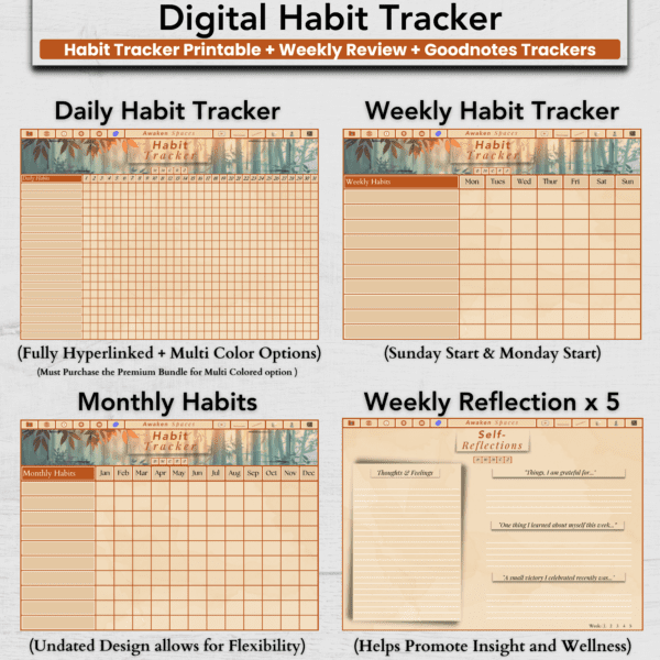 Wellness Habit Tracker Bundle with Bamboo Forest banner displayed on daily, weekly, and monthly trackers on an iPad, perfect for mindfulness and organization.