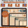 Wellness Habit Tracker Bundle with Buddha Sits banner displayed on daily, weekly, and monthly trackers on an iPad, perfect for mindfulness and organization.